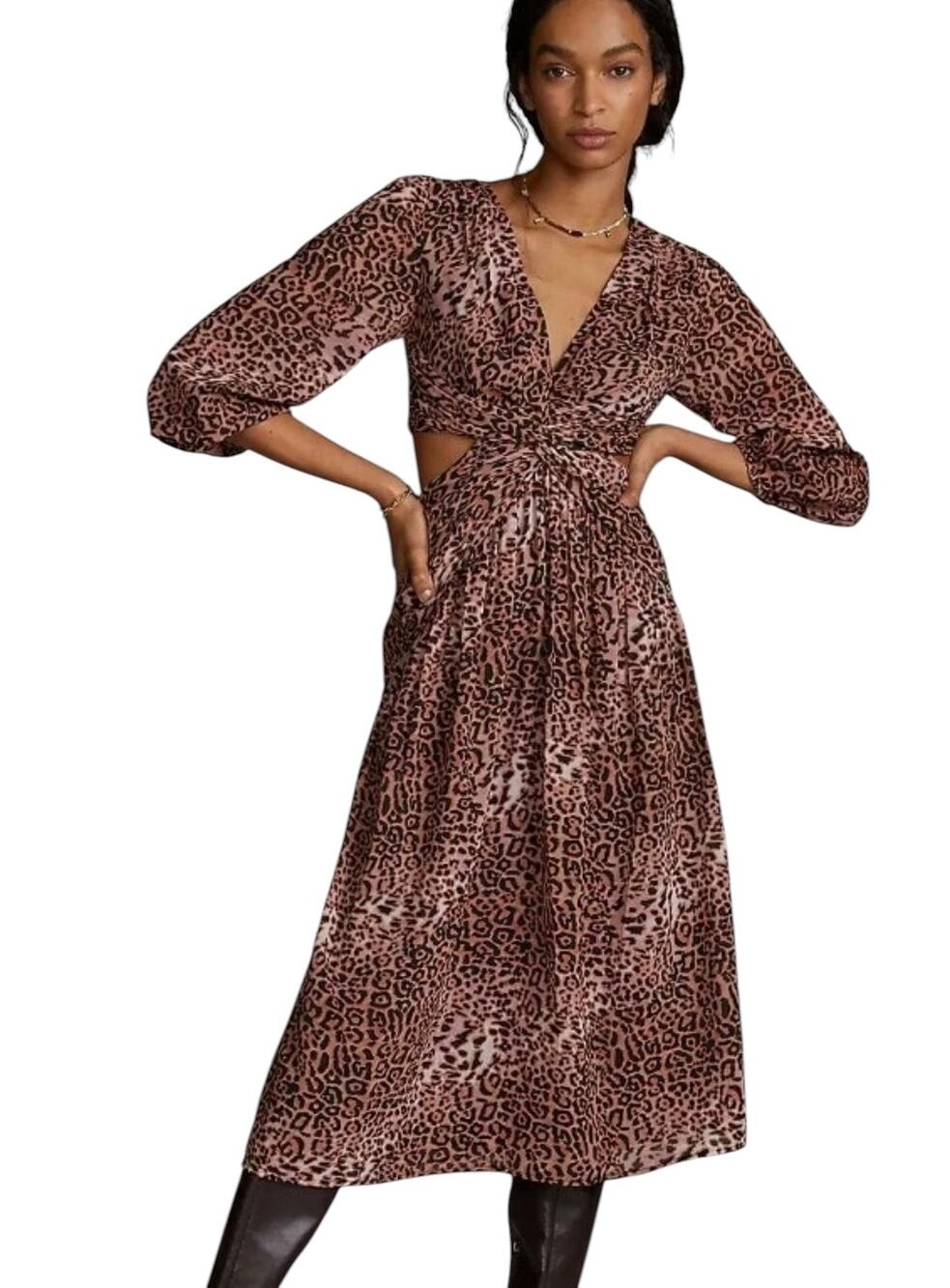 Anthropologie Ranna Gill Long Sleeve Midi Dress Leopard Print Cut-Out Waist XS